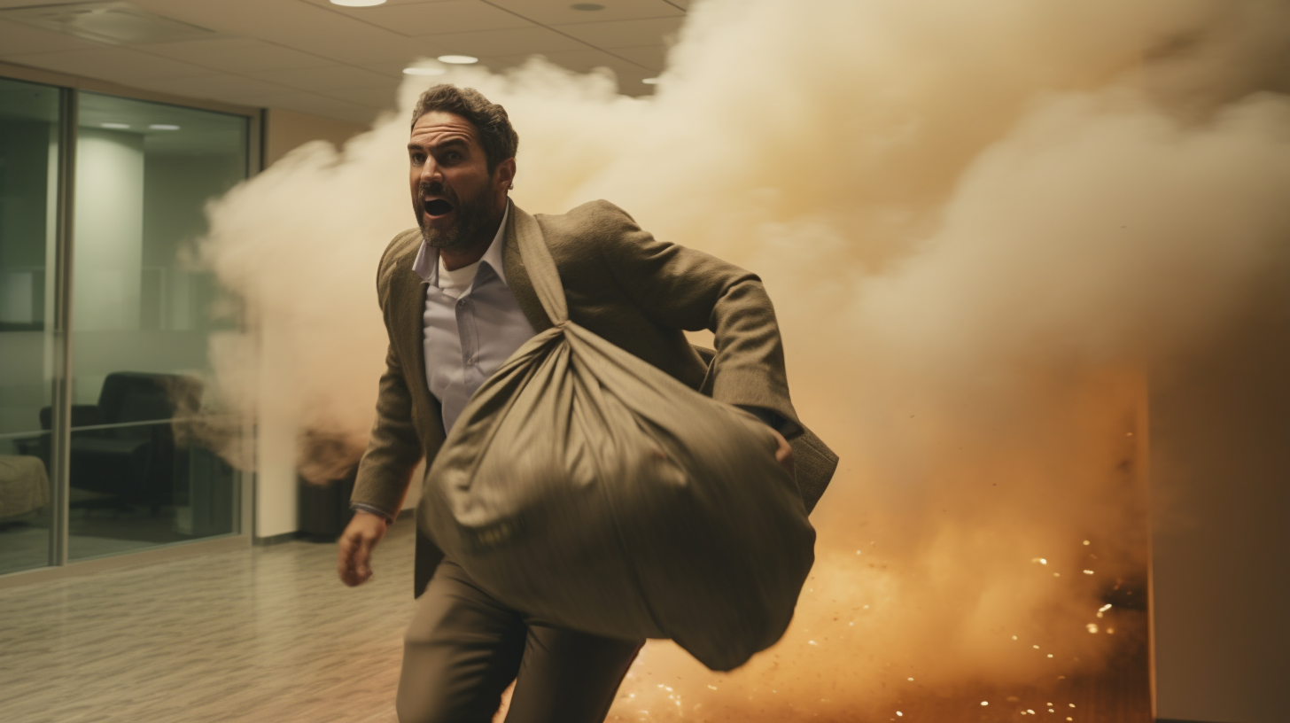 Exhausted man dragging large burlap sack amidst explosions