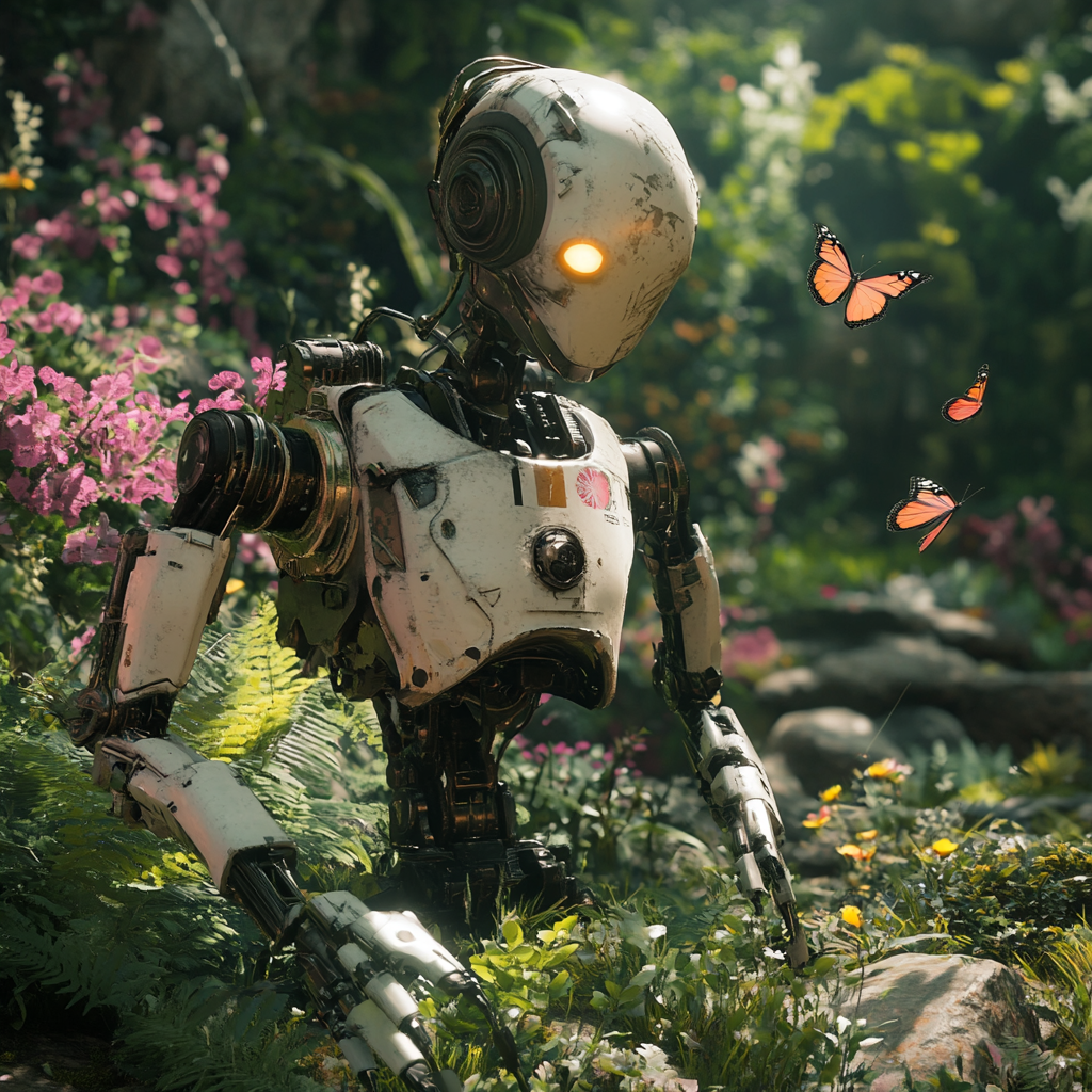 Robot in Garden with Butterflies