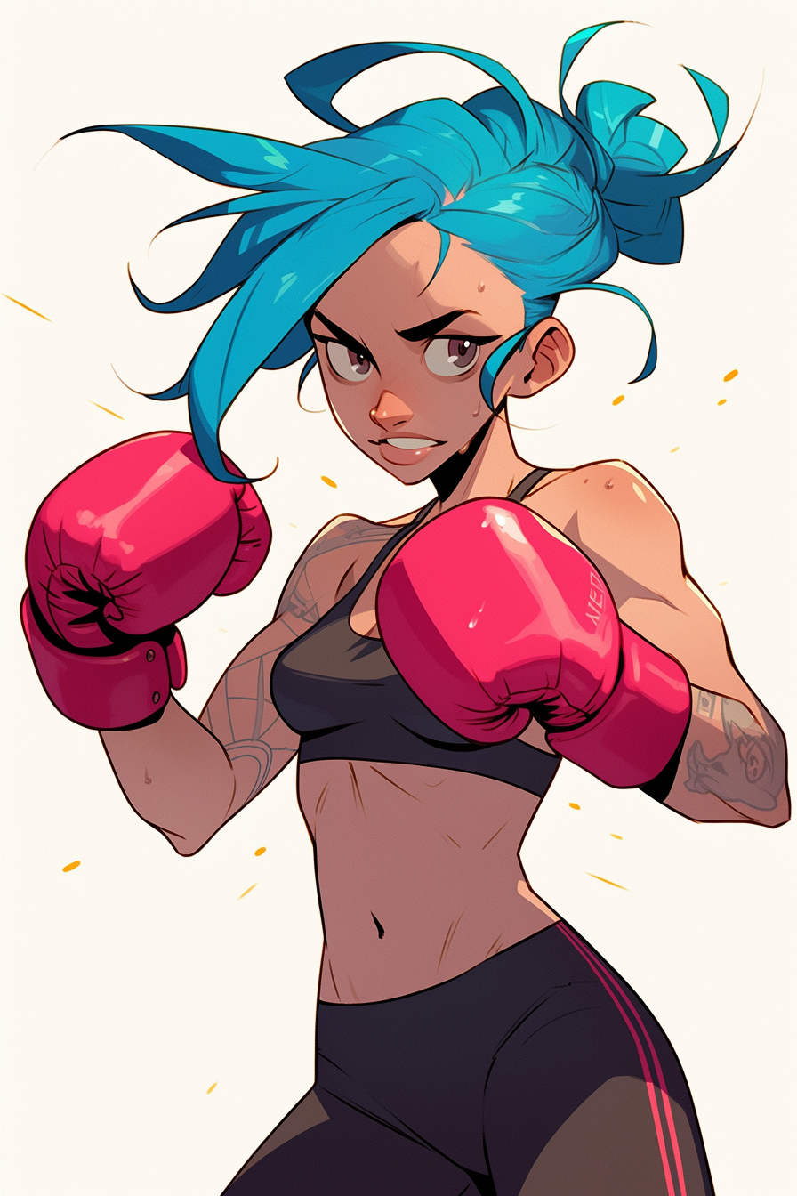 Illustration of a boxer with bright blue hair