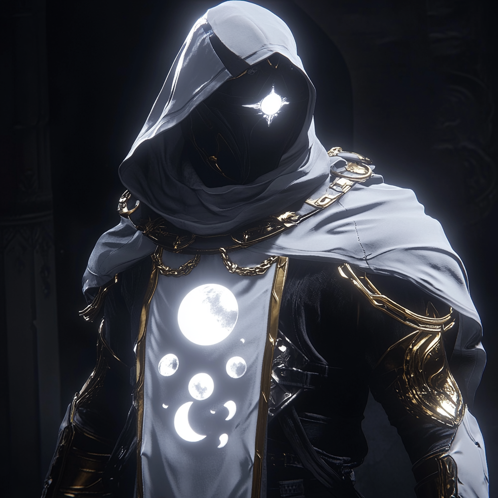 eyes glowing, golden hair, white armor, moon phases, cloak.