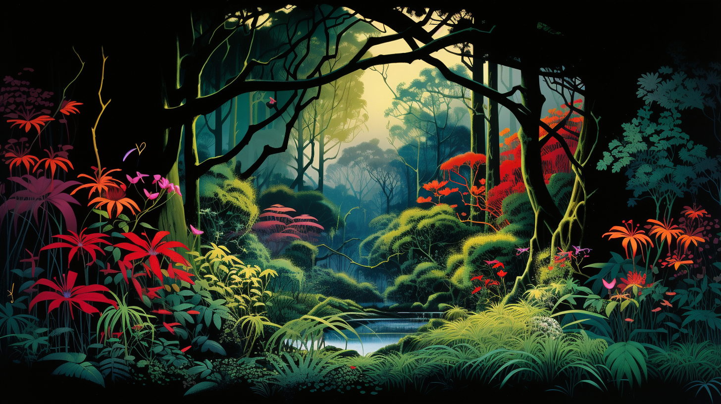 Colorful rainforest jungle by Eyvind Earle