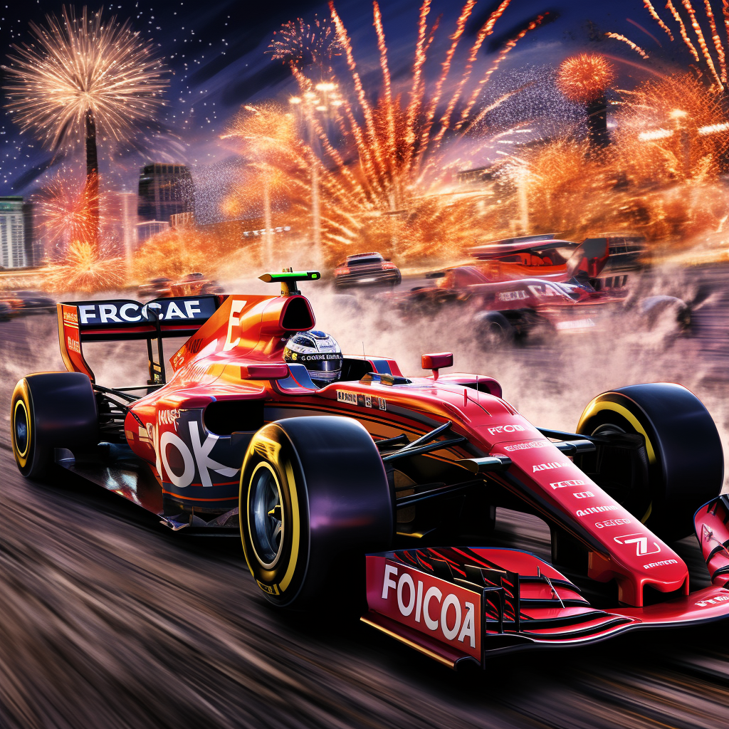 F1 Car with KOCF Logo, Crowns, Las Vegas Grand Prix, Fireworks