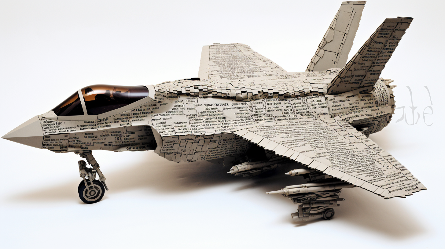 F-35 tactical jet made of letters on white paper