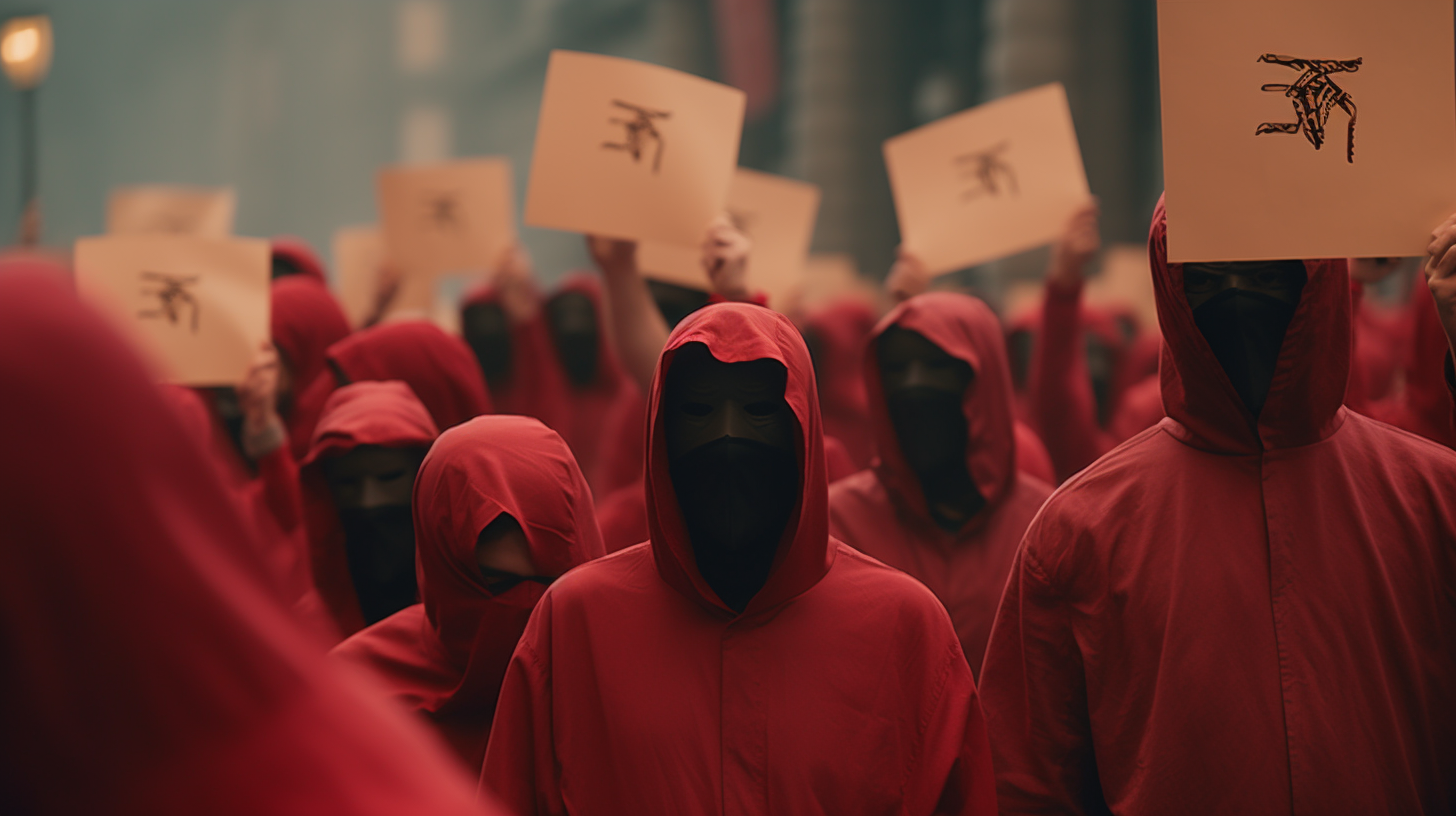 Faceless masked hooded mob protesting blank signs