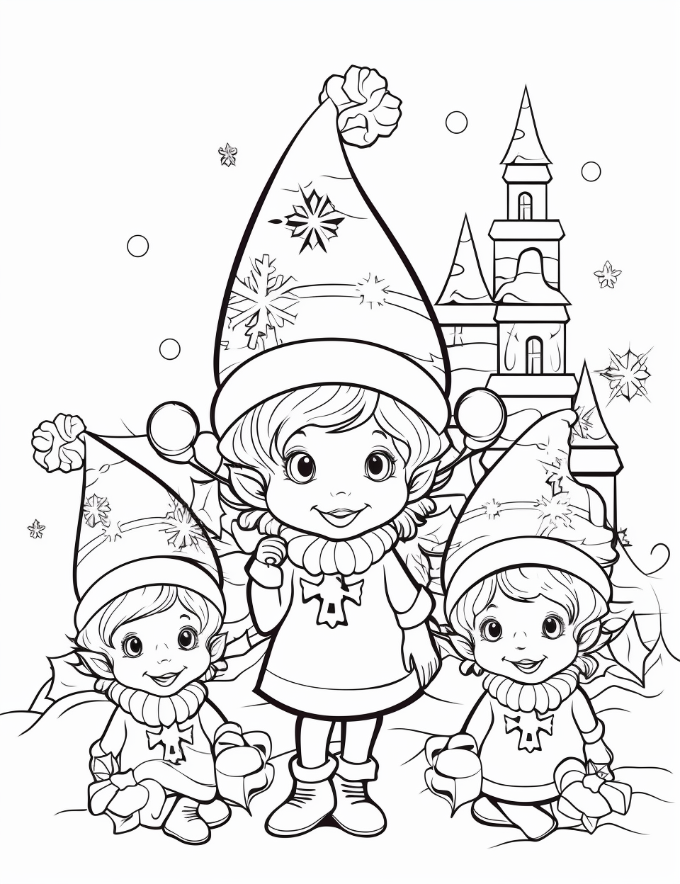 Black and white outline of fairies celebrating Christmas