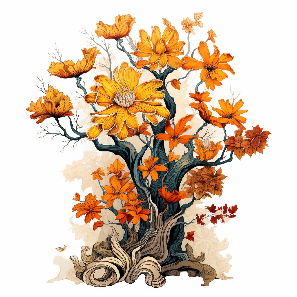 Vibrant fall flowers covering tree trunk