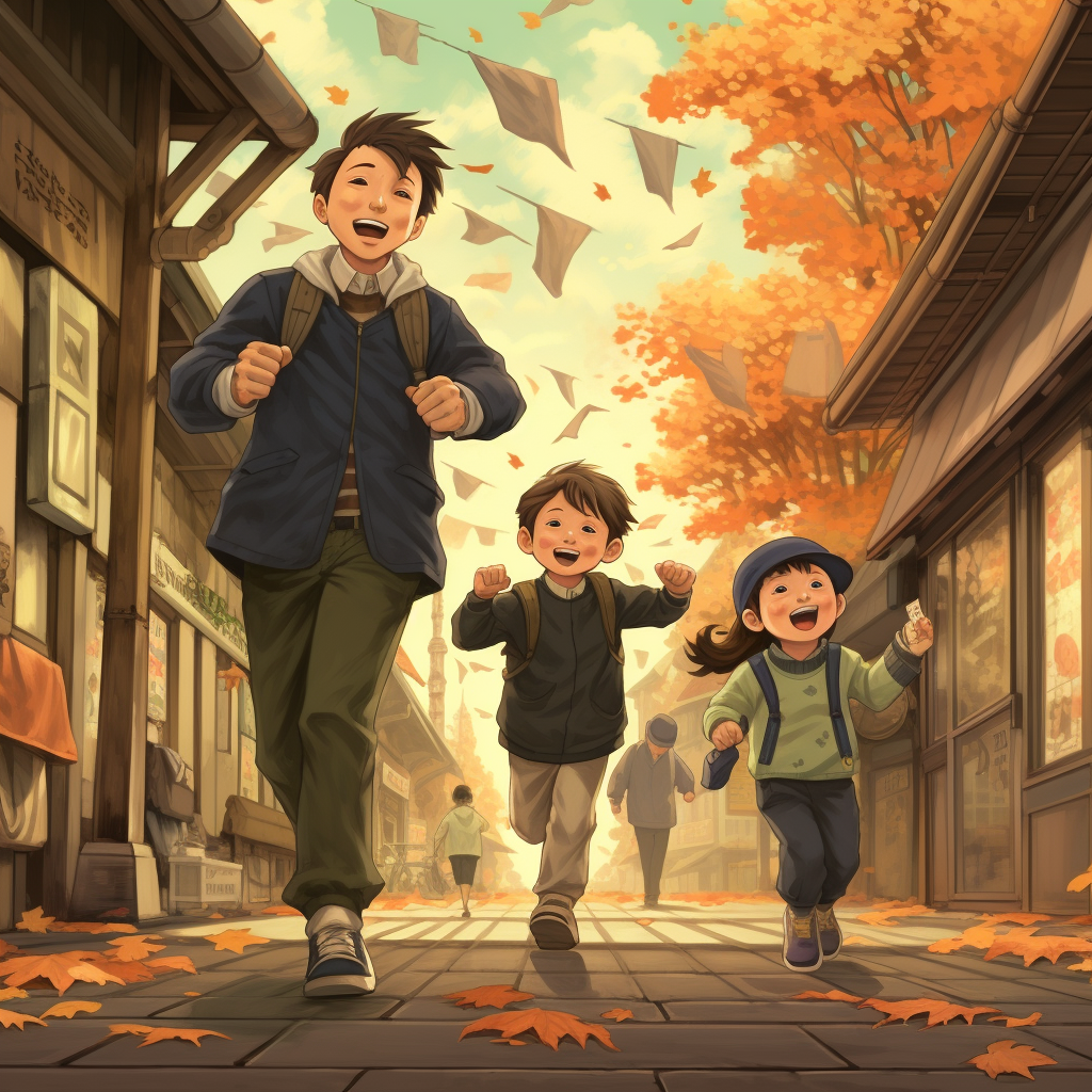 Family walking among fall leaves