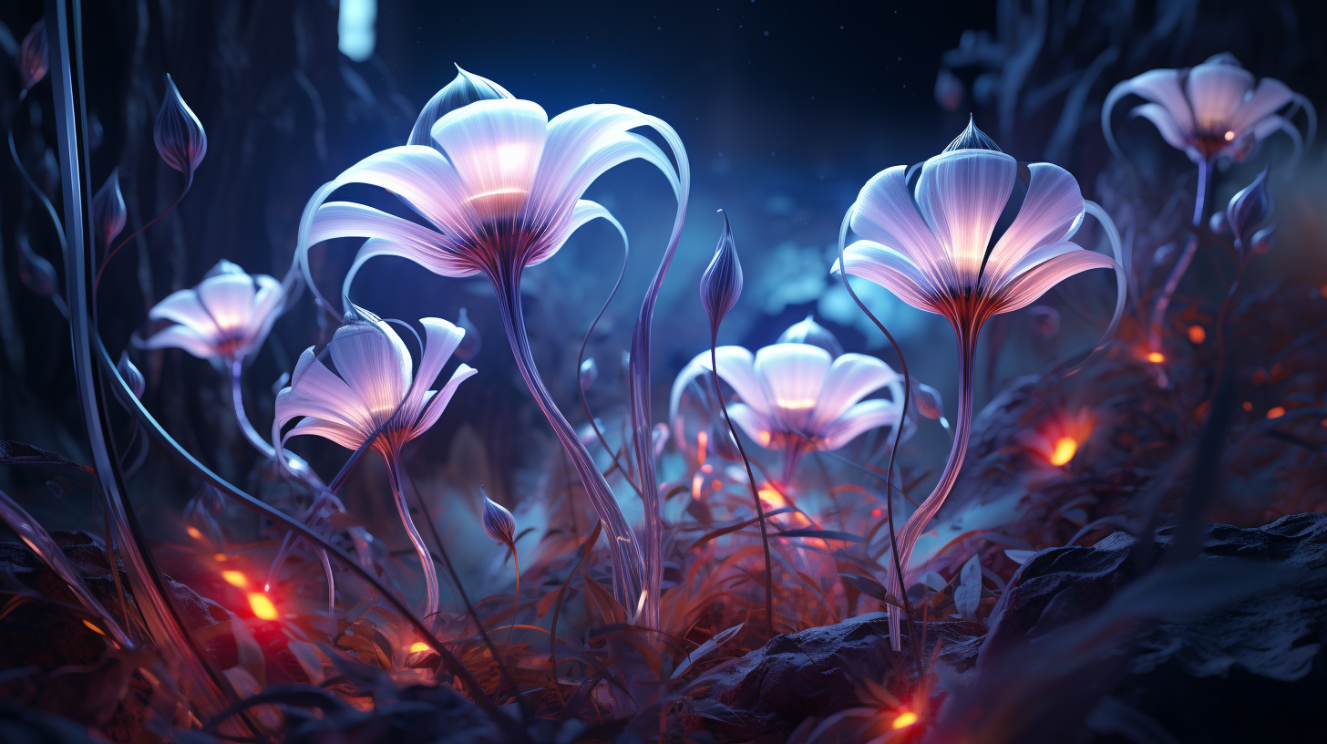 Colorful fantasy alien flowers in vibrant bloom