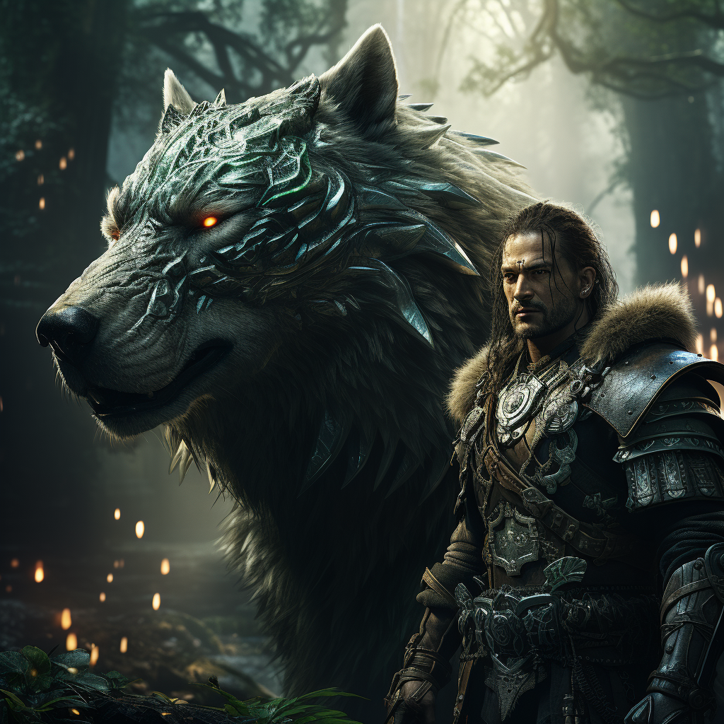 Fantasy man with battle wolf in enchanted forest