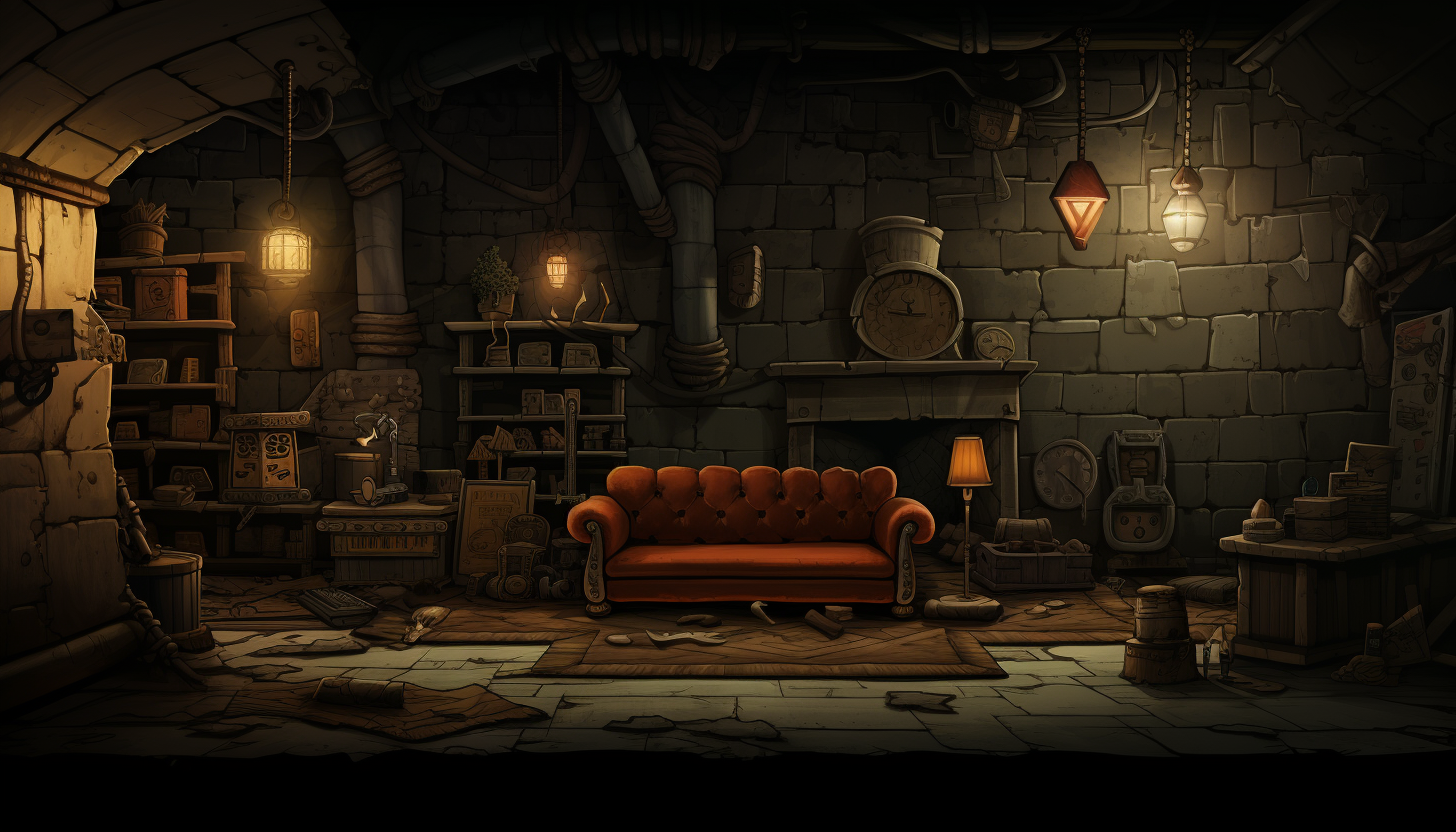 Illustration of a fantasy office room with couches and fireplace