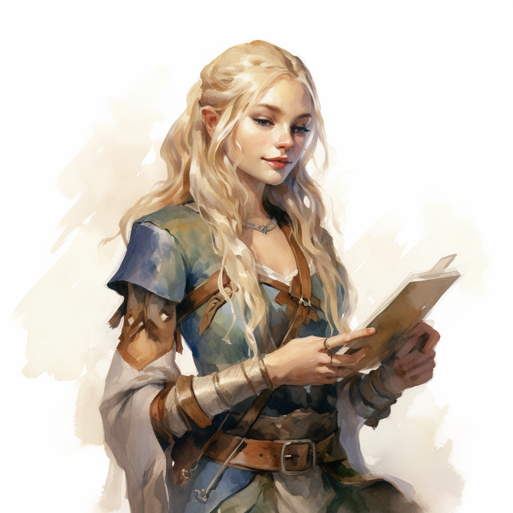 Watercolor illustration of a fantasy female elf bard