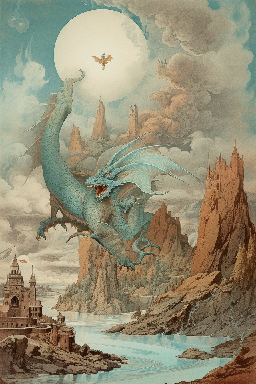 Image of a small baby blue dragon in a fantasy medieval painting