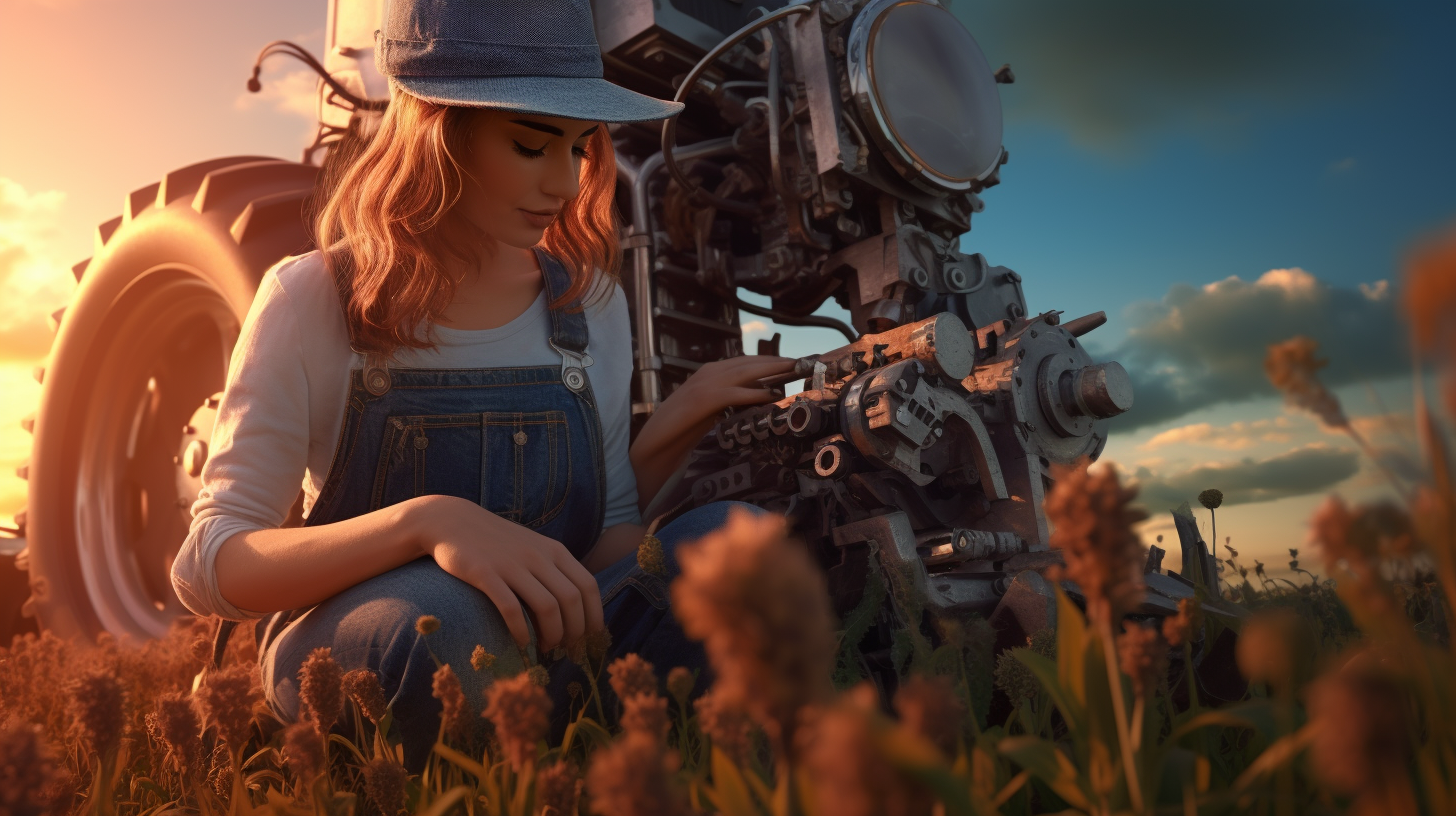 Farmer woman repairing harvester with wrench