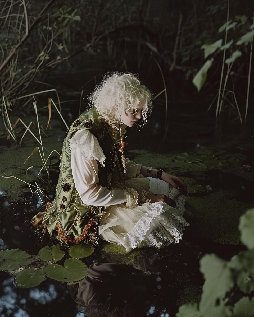 Blonde girl in water with intricate outfit