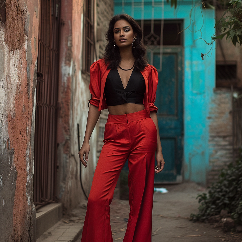 Fashion-forward Indian woman in urban street style with high-waisted trousers