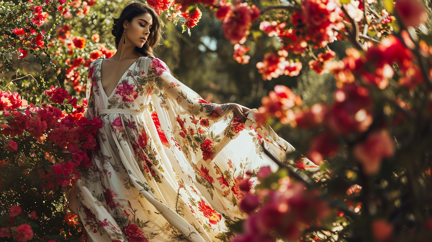 Hispanic female model in ethereal gown among flowers