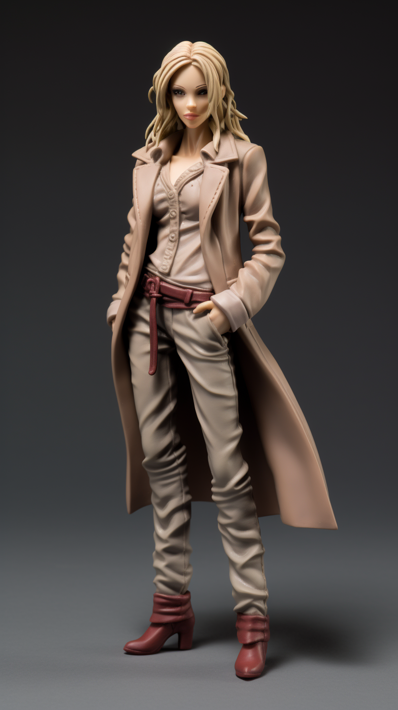 Hyper-realistic plastic female figurine in a fashionable coat