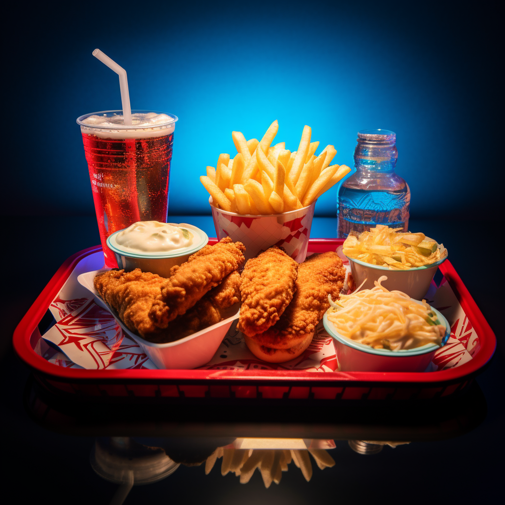 Empty KFC bucket and french fries on fast food tray