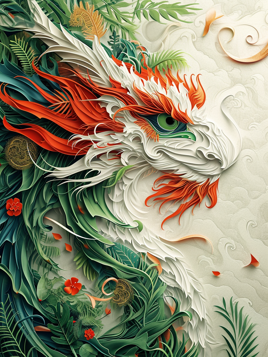 Feathered dragon on white background with jungle vines and red lines