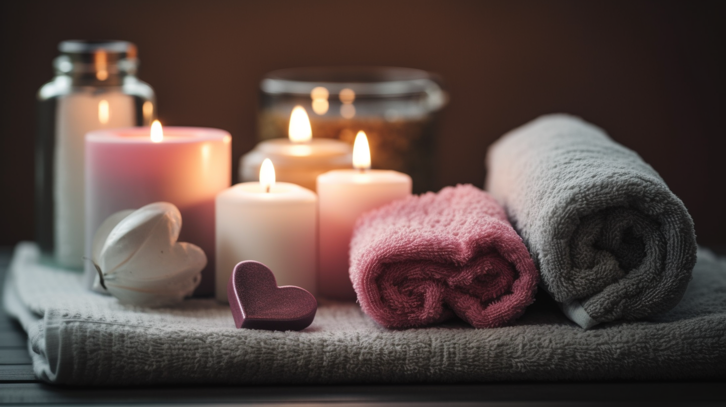 Relaxing spa candles and towels with felt heart