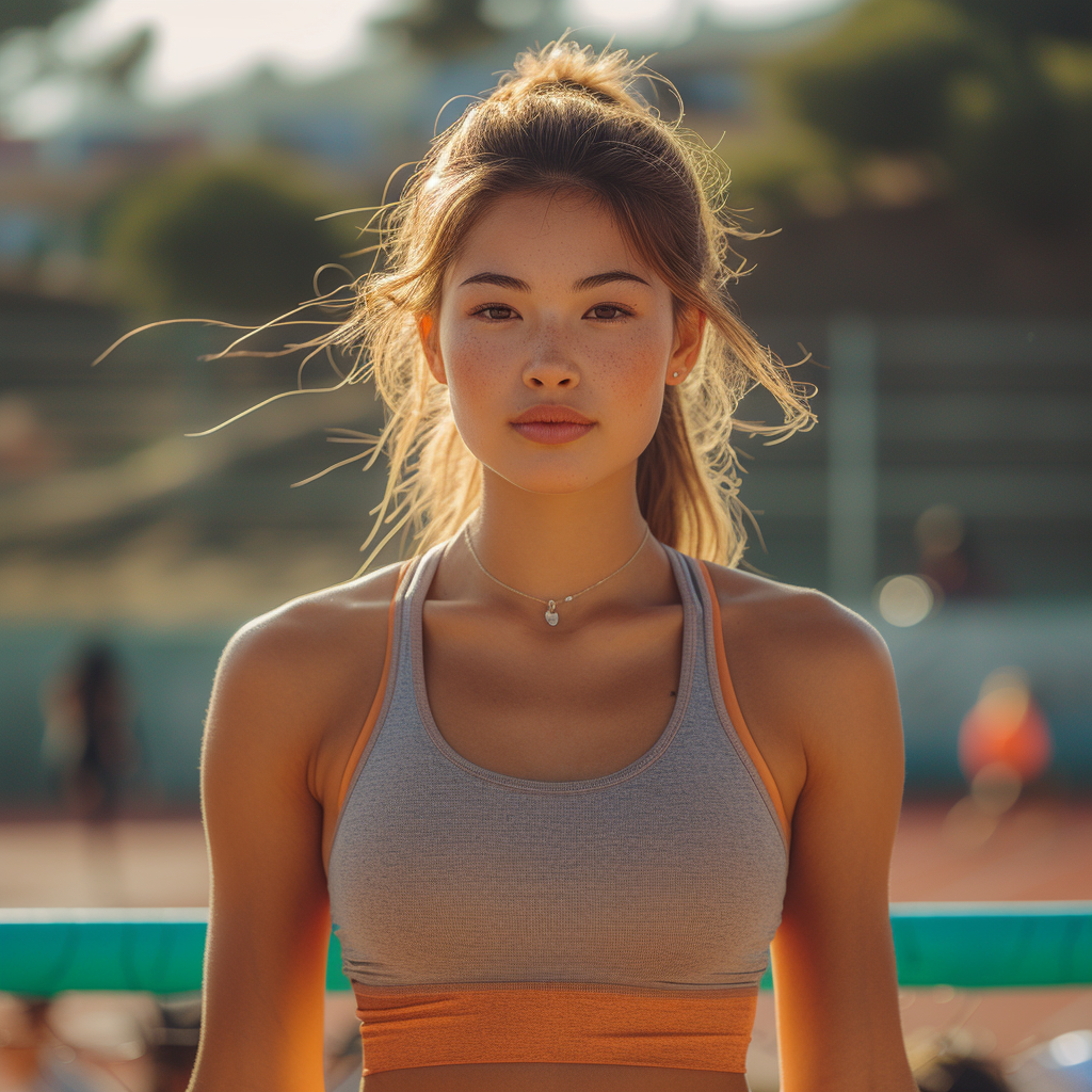 Female Asian high jumper preparing for jump