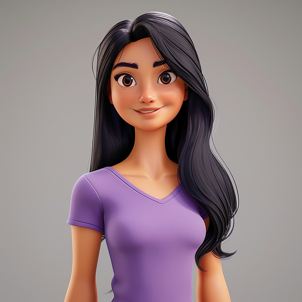 Happy female character with long black hair in cartoon style