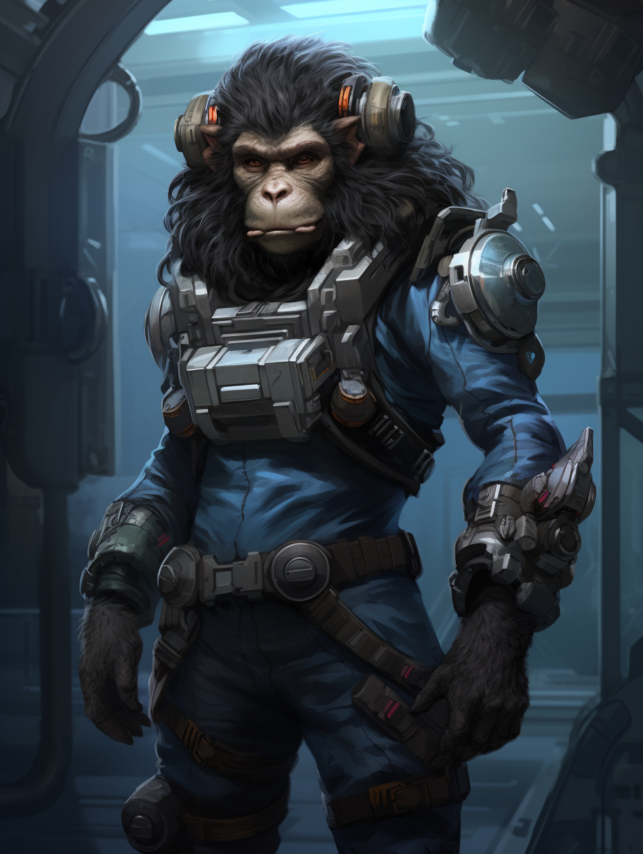 Female Chimp in EVA Suit on Spaceship