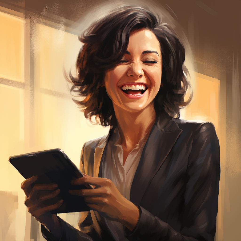 Female executive laughing at iPad