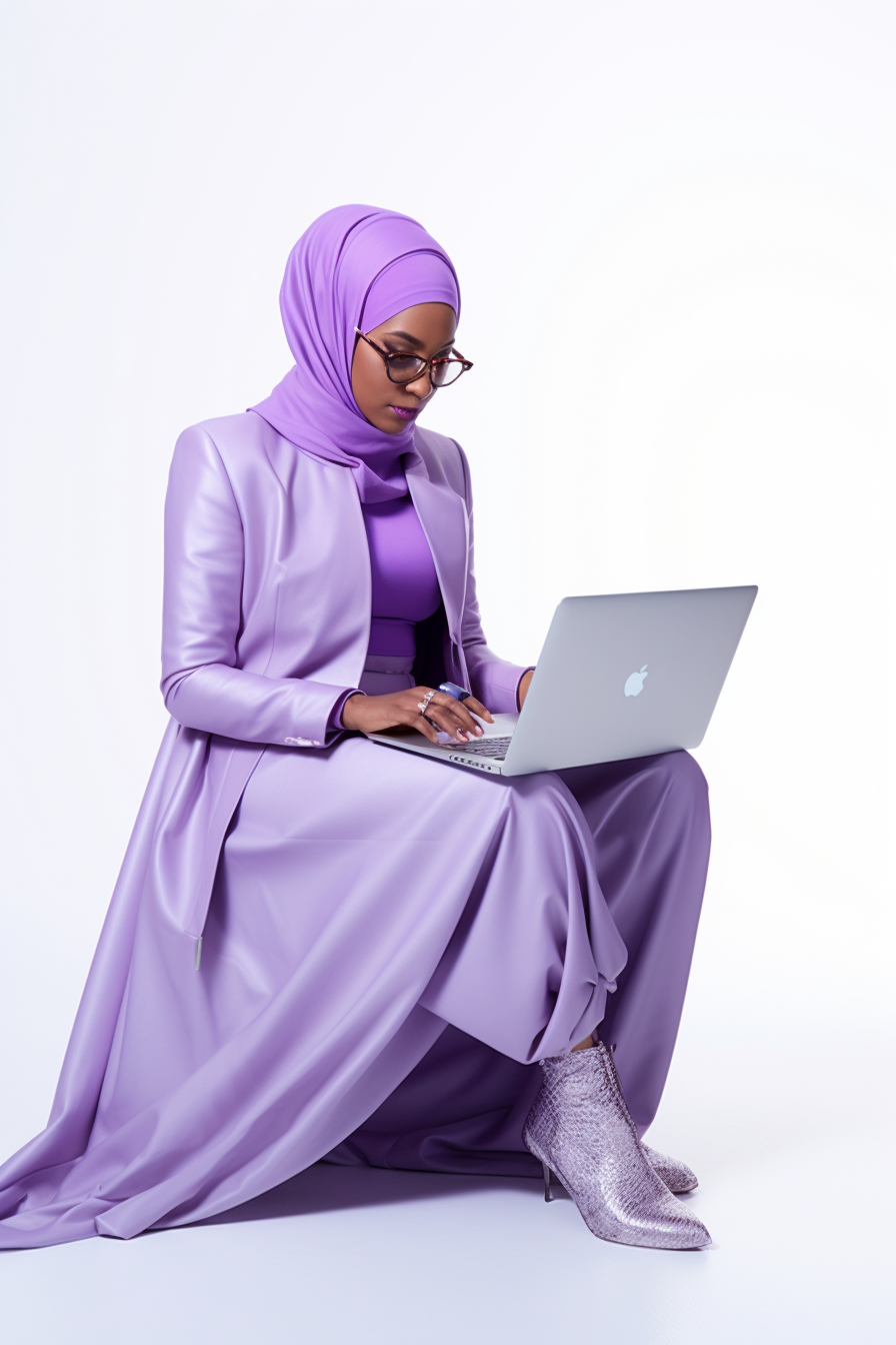 Happy female Muslim teacher using laptop