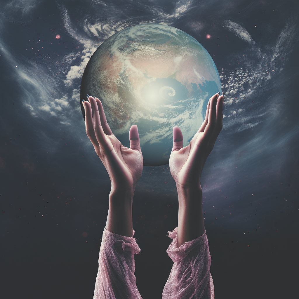 Hand reaching down to touch Earth