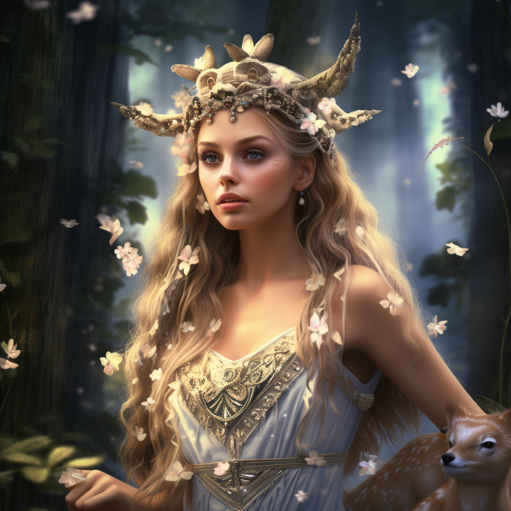 Princess in enchanted forest with animals and fairies