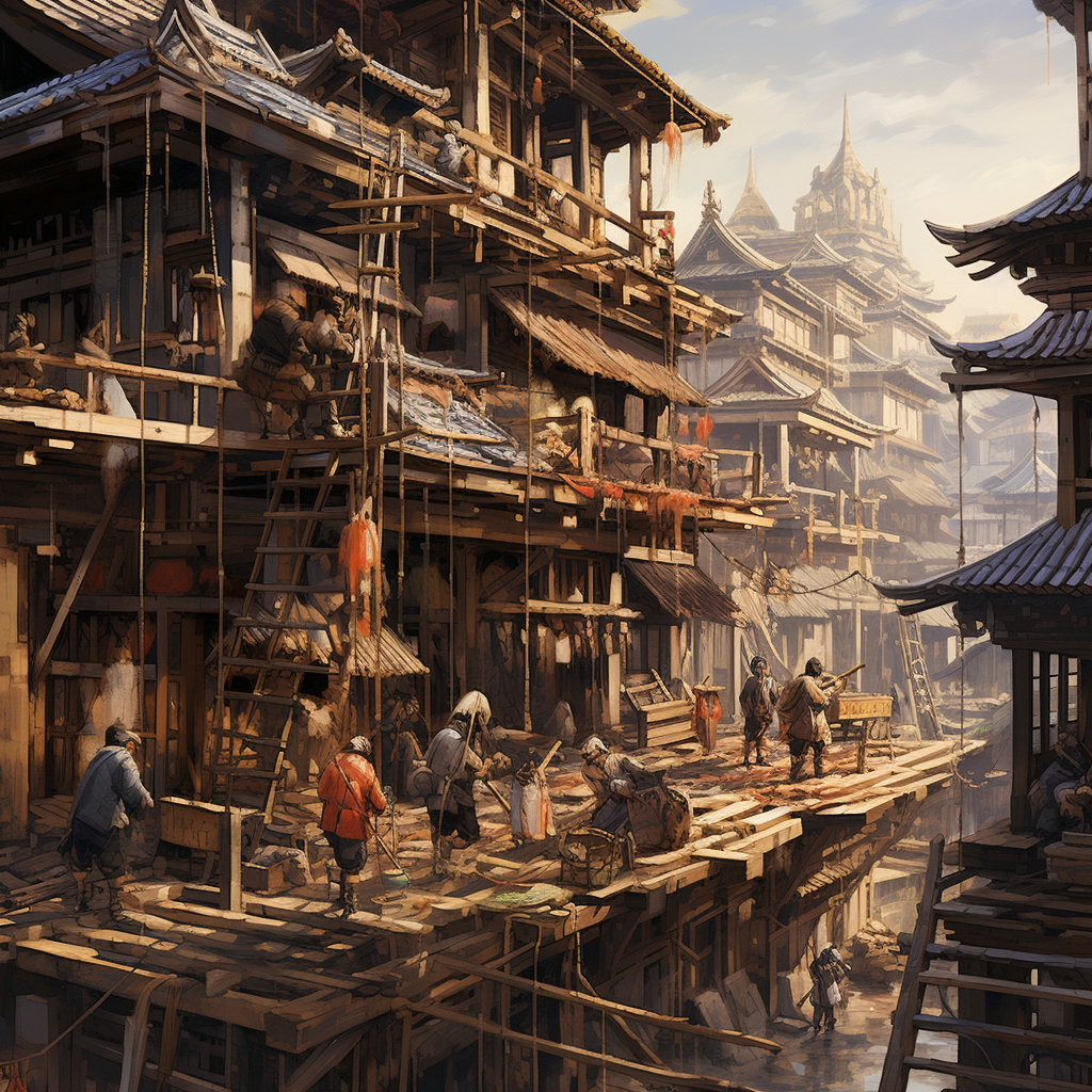 Feudal Japanese City Construction Workers Buildings