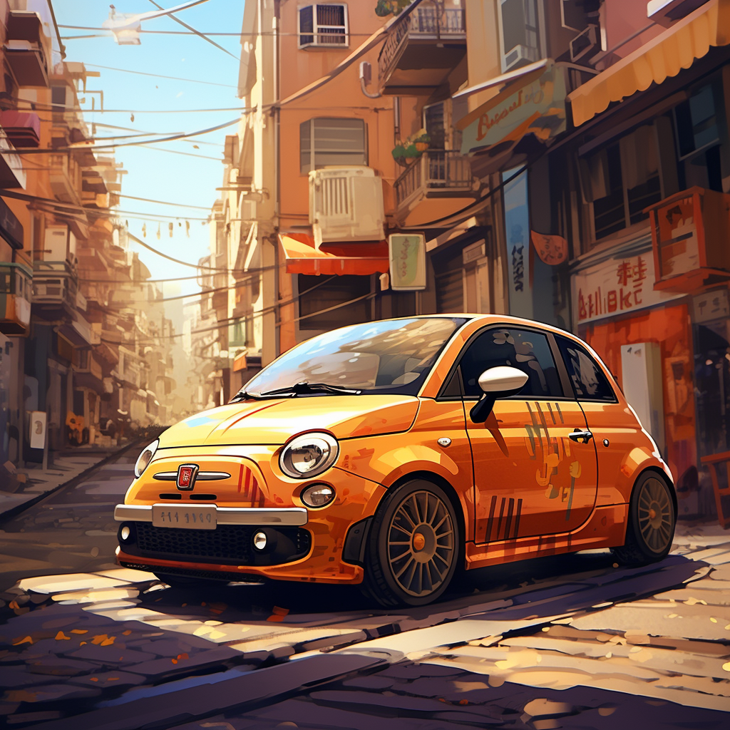 Detailed anime-style Fiat 500 city car