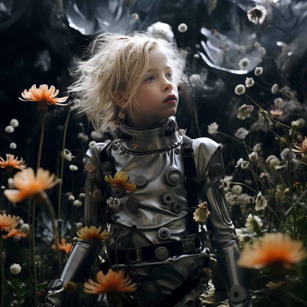 Kid enjoying flowers in Giger-inspired field