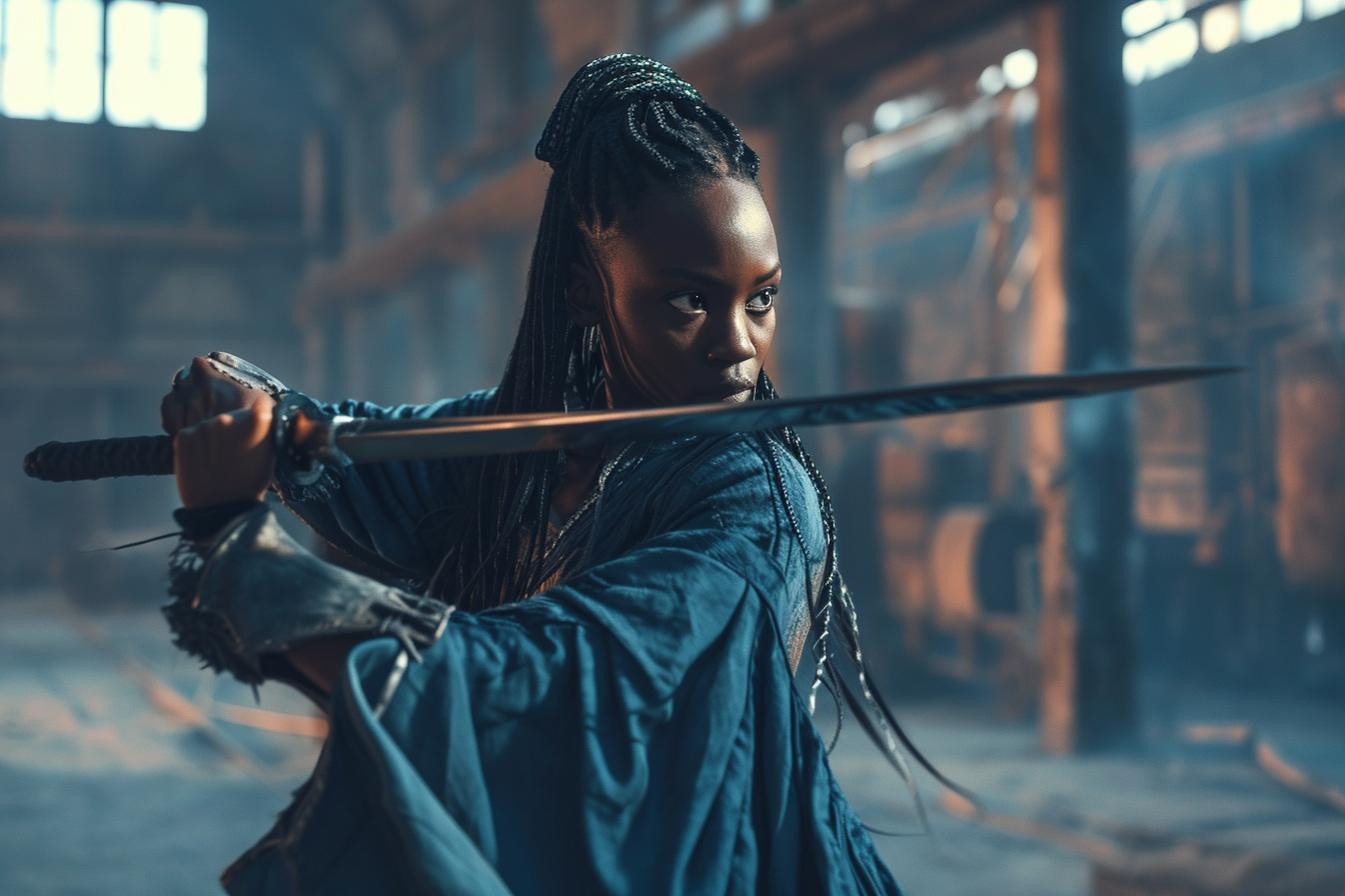 Athletic African American woman with sword and blue kente cloak