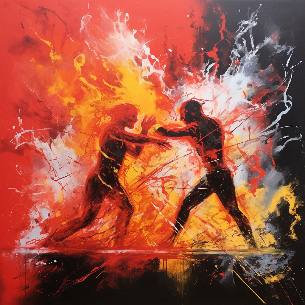 Bright stencil art depicting fierce fire fighting