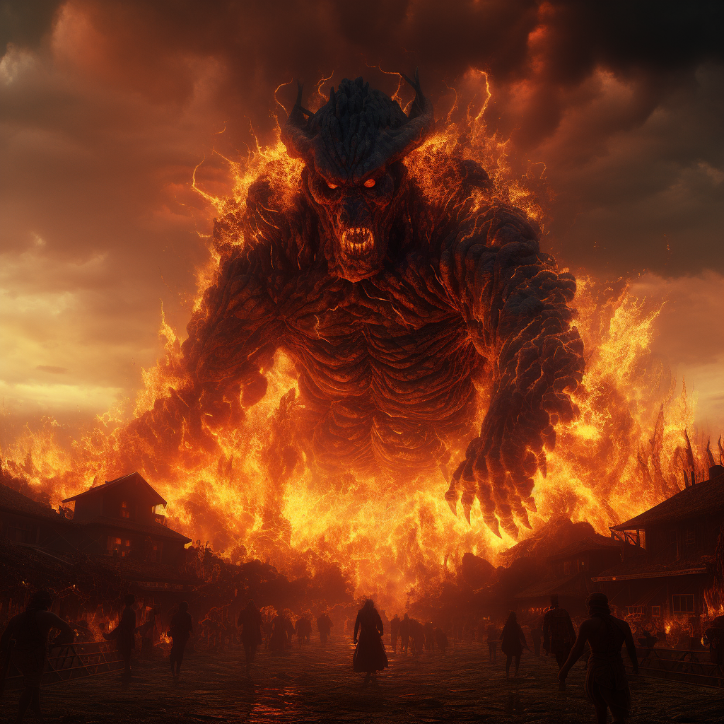 Terrifying monster in fiery burning amber town