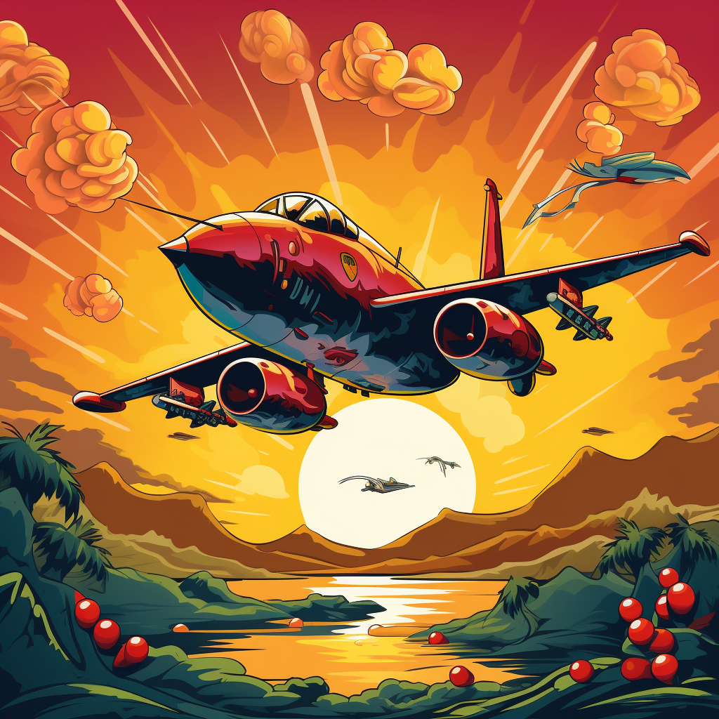 Fighter jet dropping cherries cartoon style