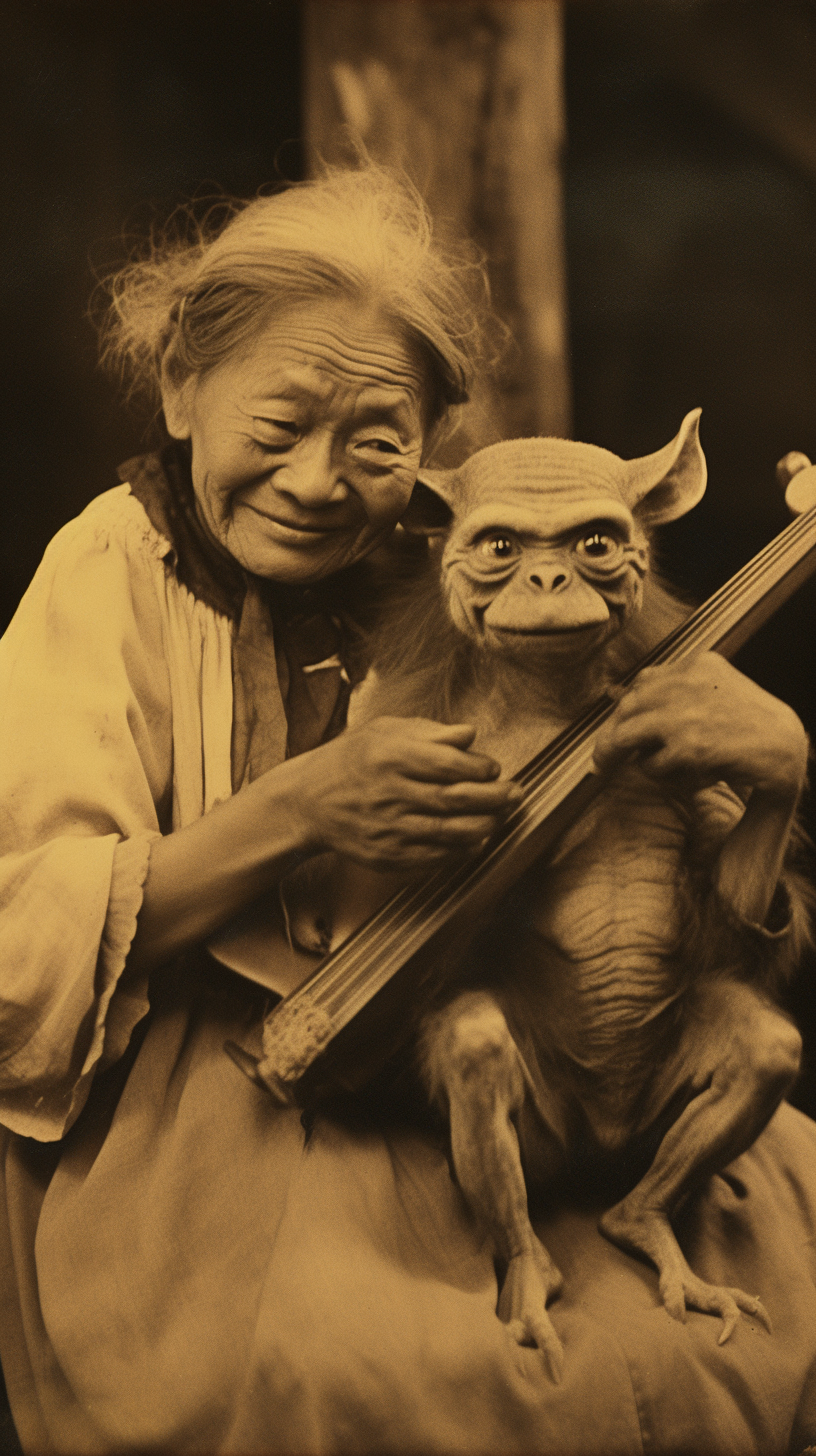 Vintage photo of Filipina witch and gremlin playing violin