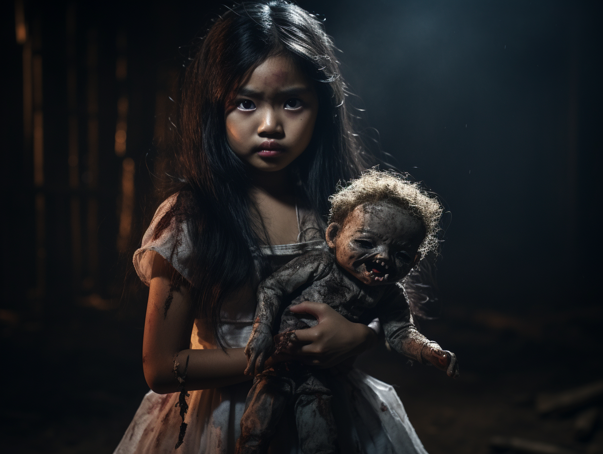 Filipina woman with creepy doll in horror scene