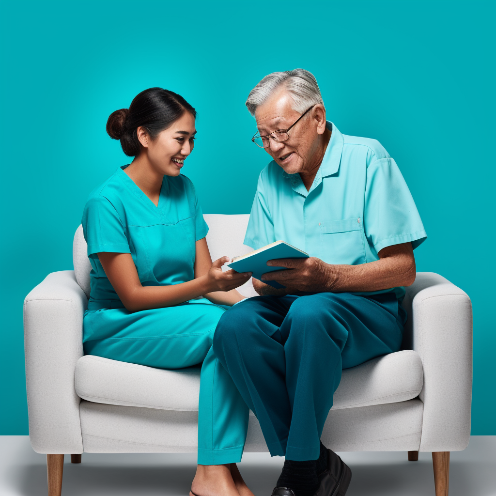 Filipina woman contractor explaining guideline book to elderly American on couch