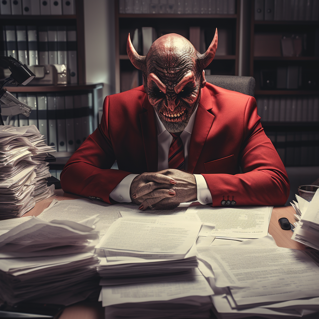 Villain in finance office with paperwork