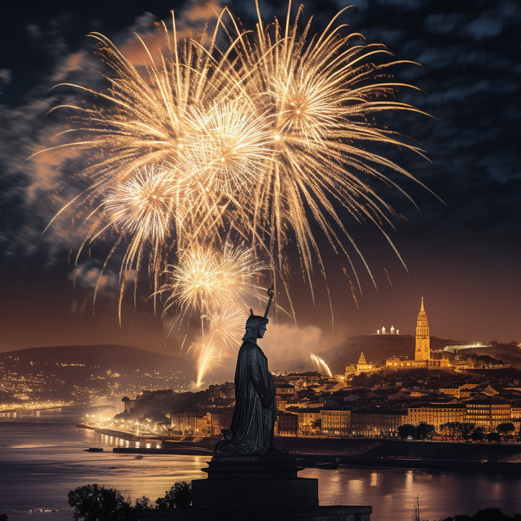 Beautifully illuminated fireworks display in Lisbon