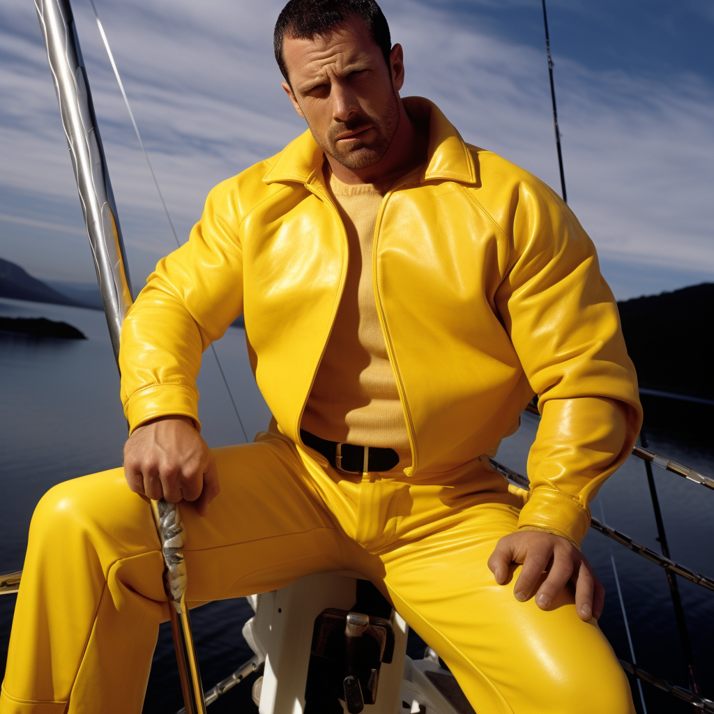 Muscular fisherman in rubber gear