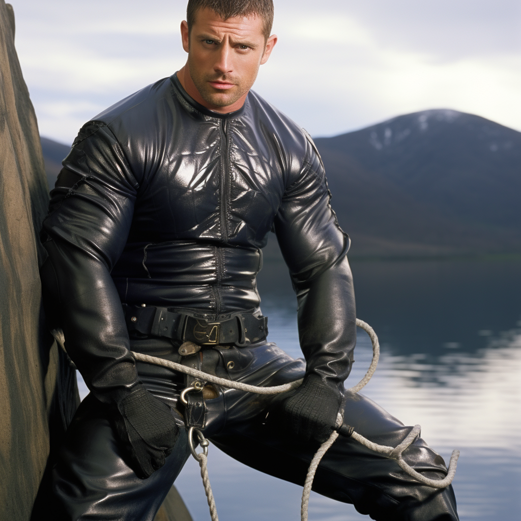 Muscular fisherman in rubber gear