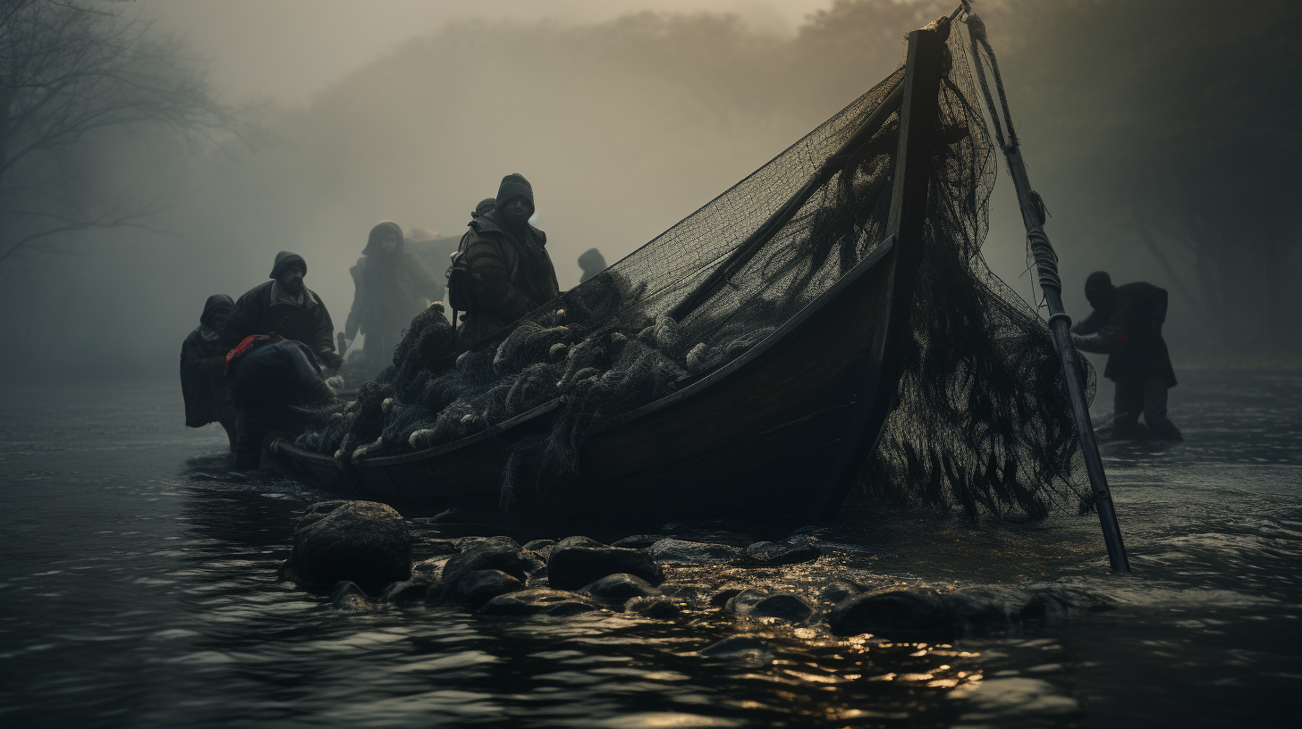 Fishermen with nets in boats