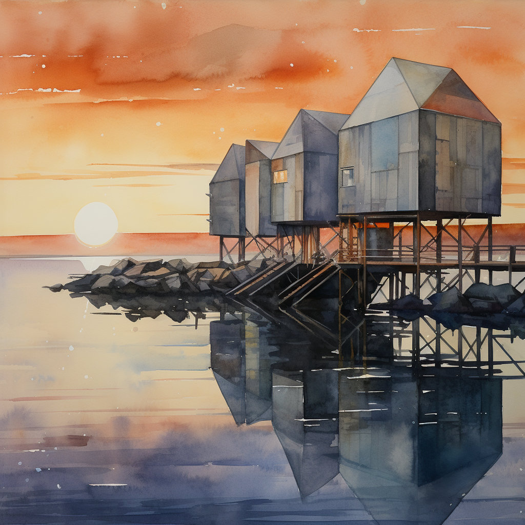 Architectural watercolor of seaside fishing hut and ziggurats