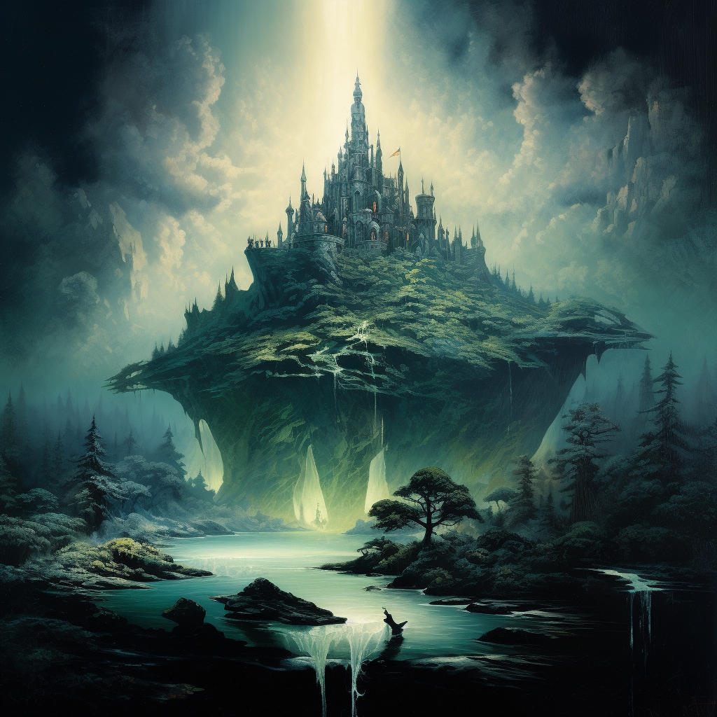 Dark fantasy book cover with floating island castle