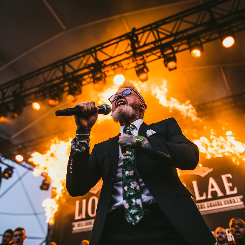 Flogging Molly band performing on stage with flames