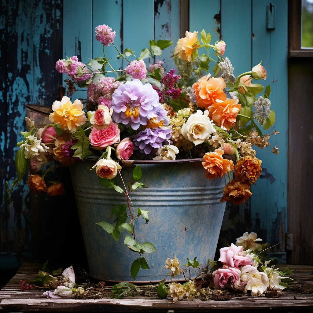 Beautiful old-fashioned flower arrangement in zinc tub